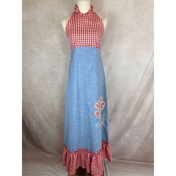 Vintage 1970s Gingham Maxi Dress Mod MCM - Picture 1 of 8